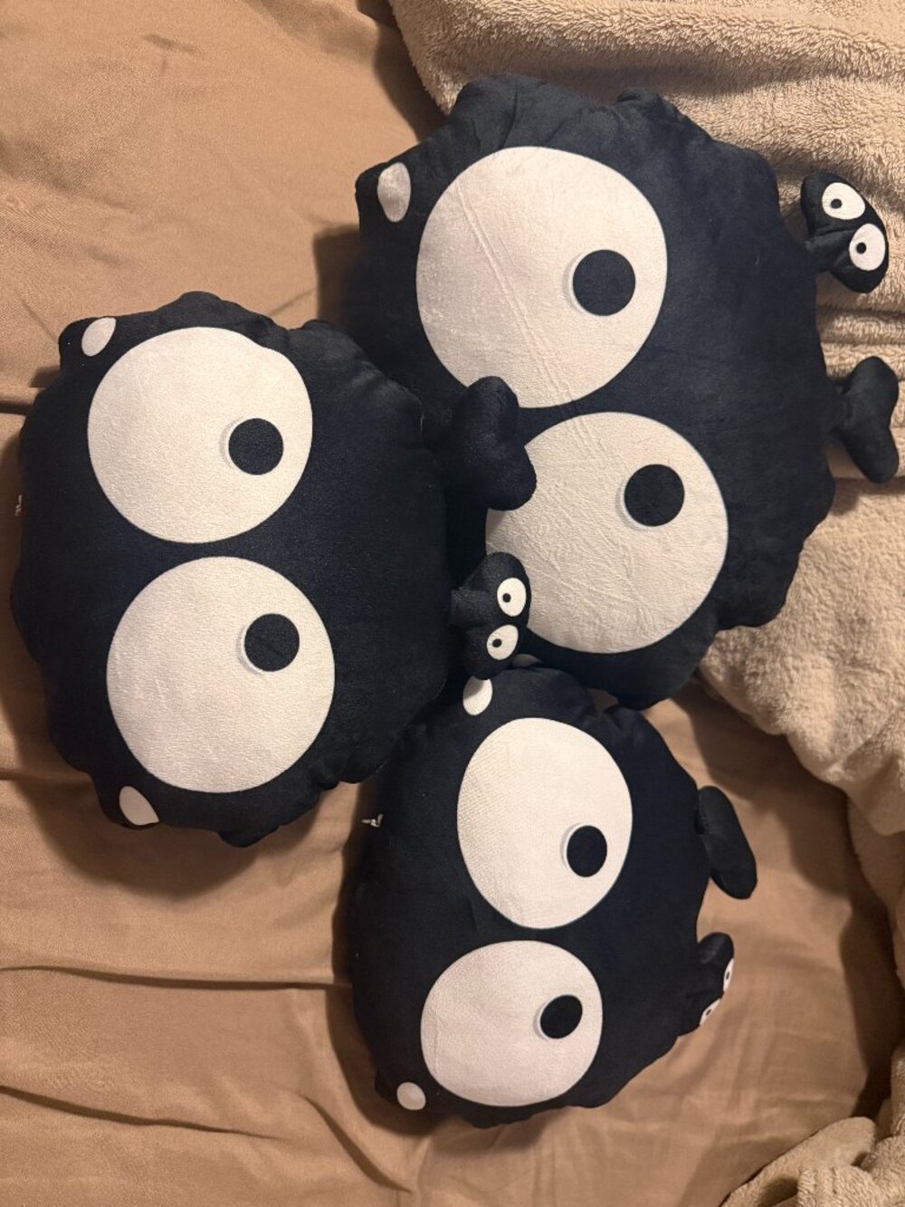 3x Black Plush Soot Sprite Neck Rest Pillows for Car